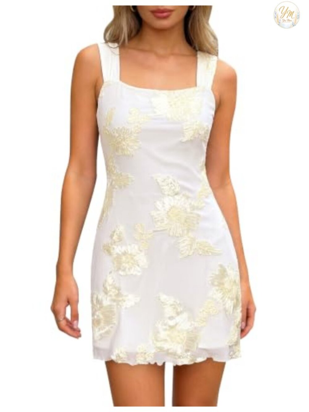 Women's Embroidered Floral Mini Dress 3D Mesh Square Neck Sleeveless A-Line